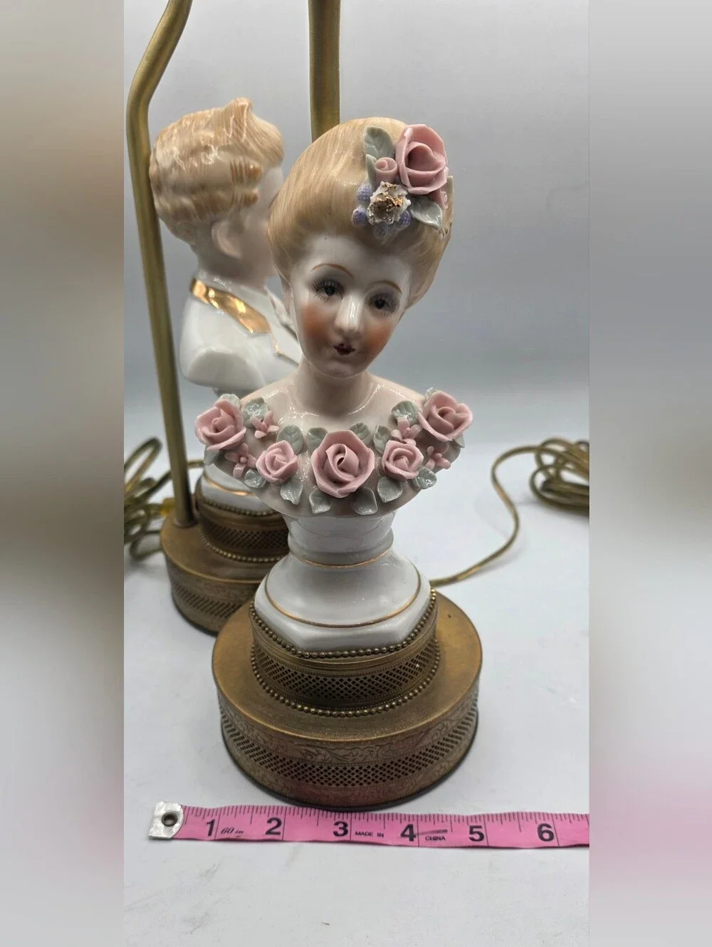 Vintage Porcelain Figural Bust Lamps with Pink Rose Accents